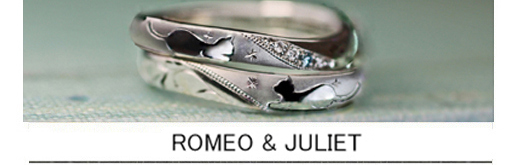 ロミオとジュリエットのネコたちを描いた結婚指輪オーダーメイド作品の画像