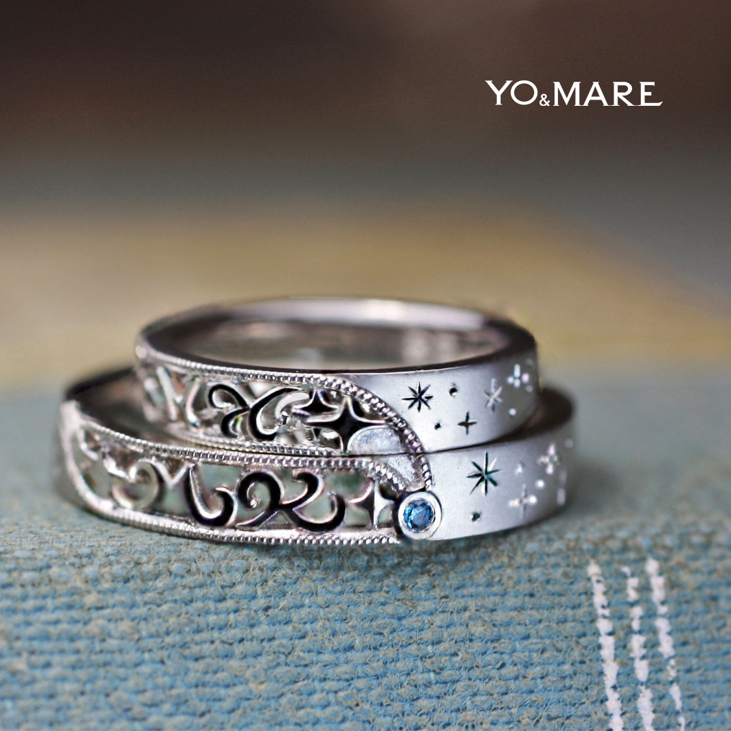 流星とイニシャルをブルーダイヤでデザインした結婚指輪オーダー作品