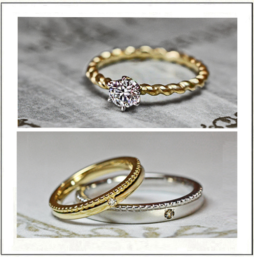 アンティークゴールド色の結婚指輪と婚約指輪のセットリング