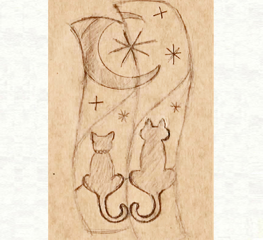 ２本の結婚指輪に夜空の月が浮かぶ ネコのカップルのリングのデザイン画１・千葉・柏 ヨー＆マーレ