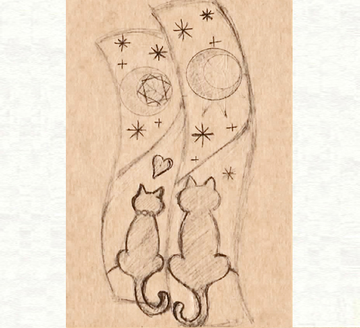 ２本の結婚指輪に夜空の月が浮かぶ ネコのカップルのリングのデザイン画２・千葉・柏 ヨー＆マーレ