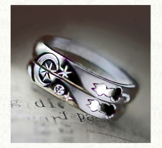 ２本の結婚指輪に夜空の月が浮かぶ ネコのカップルのリング　１・千葉・柏 ヨー＆マーレ