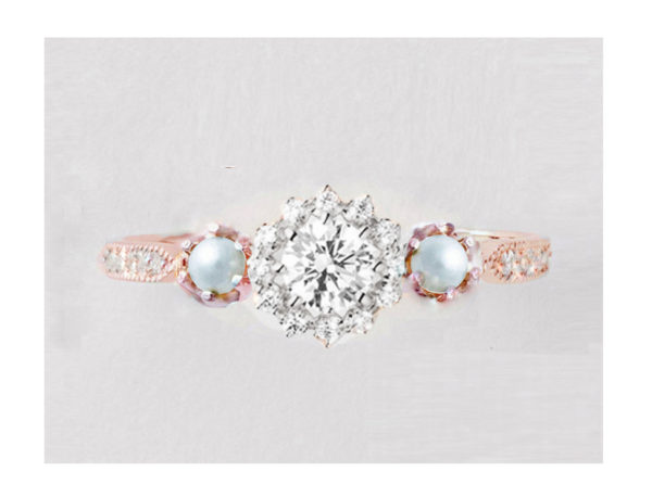 真珠がついたプラチナとピンクゴールドの婚約指輪