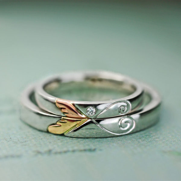 天使の羽をピンク＆イエローゴールドで重ねた結婚指輪オーダーメイド