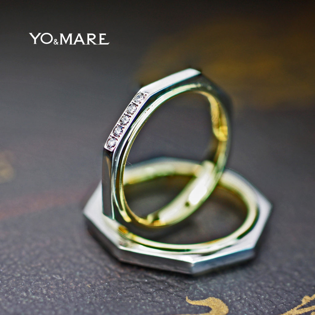 八角形の結婚指輪をプラチナとゴールドでデザインしたオーダー作品
