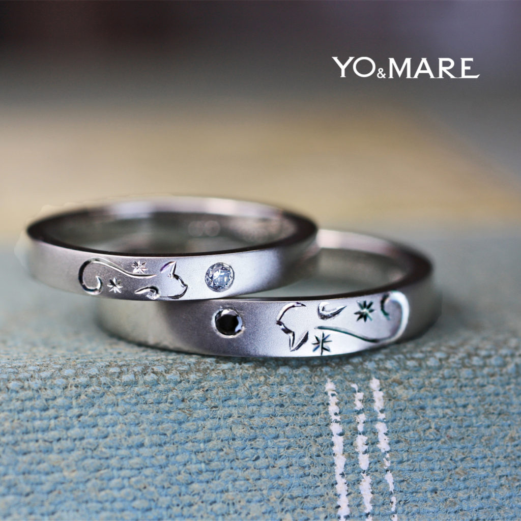 結婚指輪を重ねて黒ネコと白ネコが見つめ合うオーダーメイド作品 千葉 柏で結婚指輪をオーダーメイドするならヨーアンドマーレ 結婚指輪を重ねて黒ネコと白ネコが見つめ合うオーダーメイド作品 千葉 柏で結婚指輪をオーダーメイドするならヨーアンドマーレ