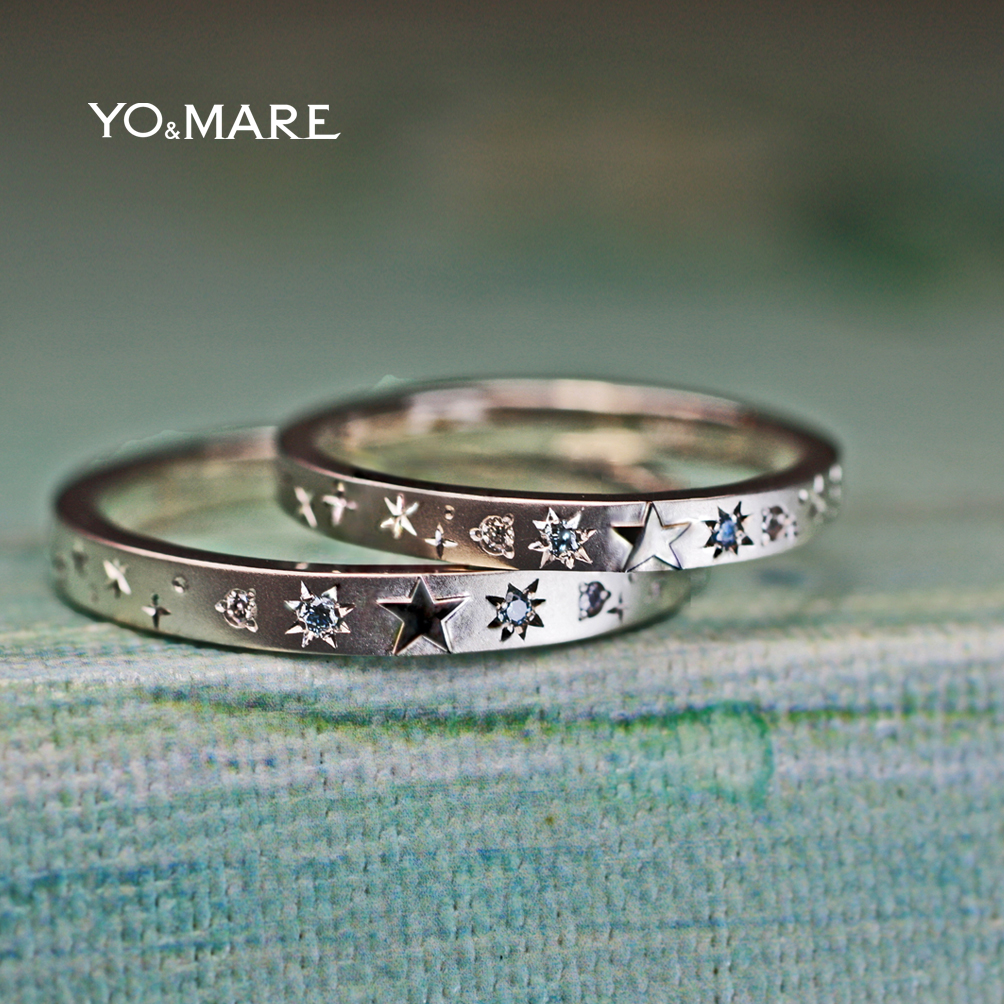 星とブルーダイヤ結婚指輪に一周デザインしたオーダーメイド作品