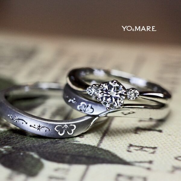 クローバー模様の結婚指輪とウェーブした婚約指輪のオーダー作品