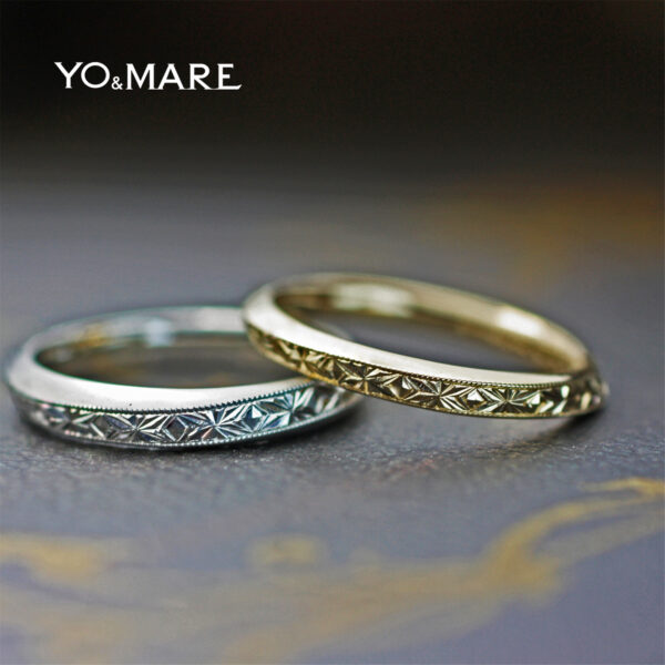 手彫りの幾何学模様をプラチナとゴールドに入れた結婚指輪オーダー作品 