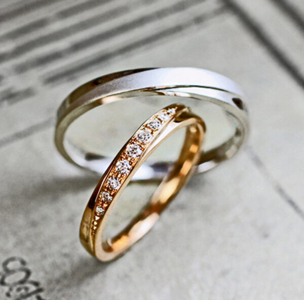 オリーブリーフ（葉）をモチーフにしたピンクゴールドのグレーゴールドの結婚指輪コレクション 