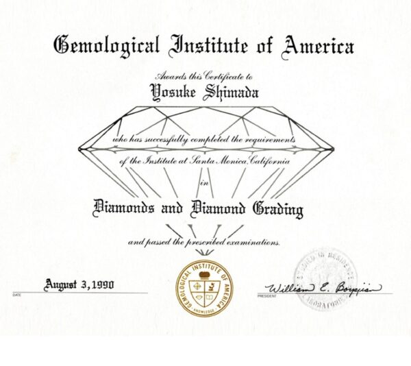  GIA本部・ダイヤモンド鑑定士 資格証書。島田 クラフトが1990.8.3 取得