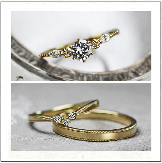 オルゴールをデザインしたアンティークゴールドの婚約指輪&結婚指輪