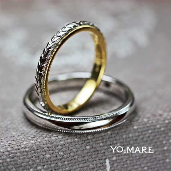 ハワイアン模様の入れた、2色コンビカラーの結婚指輪オーダー作品