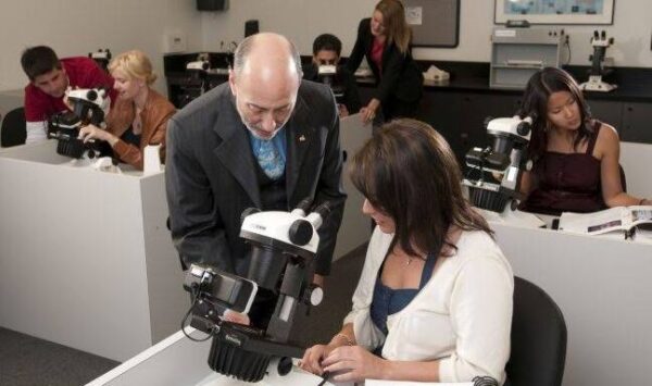 GIA鑑定鑑定学校での顕微鏡を見ながらのラボ授業