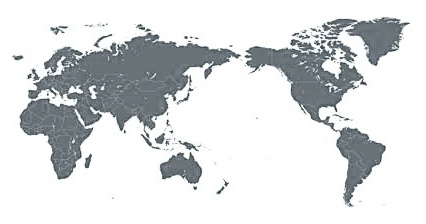 日本やアジア圏で使われている、太平洋をセンターにした世界地図