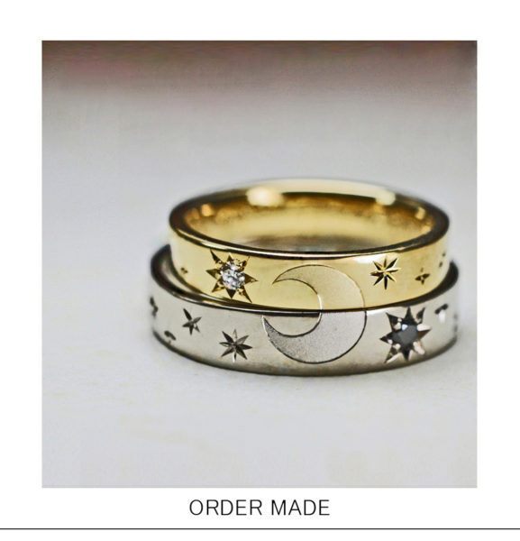 2本重ねて【月の模様】をつくるゴールドの結婚指輪オーダー作品