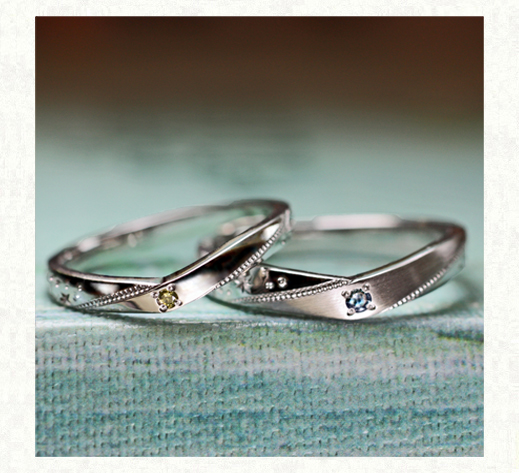 イエローダイヤとブルーダイヤの結婚指輪オーダーメイド作品