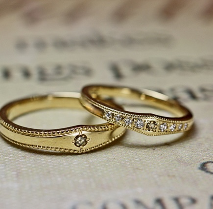 【アンティーク】ゴールドにブラウンダイヤの結婚指輪オーダー作品