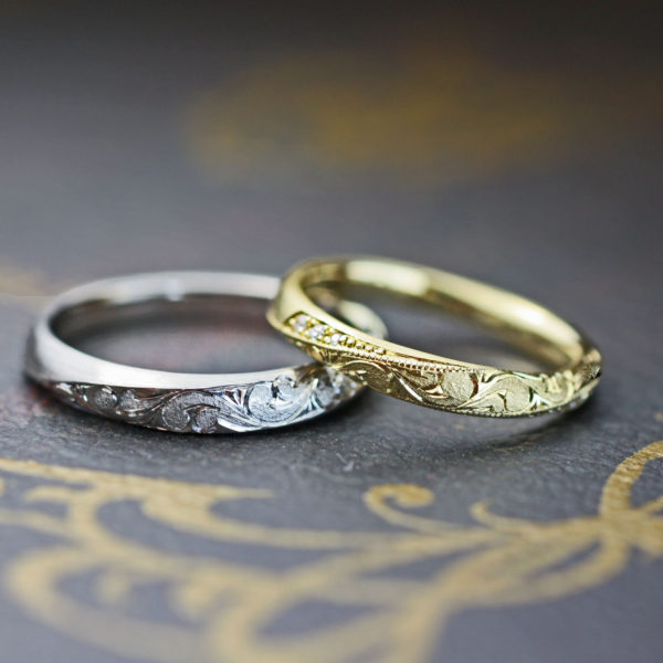 ゴールドのメビウスリングにハワイアン柄を入れた結婚指輪オーダーメイドの意欲作