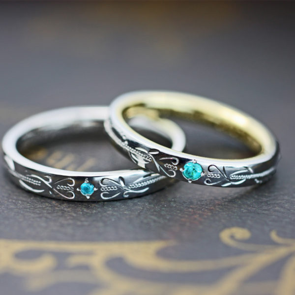 魅惑のブルー・パライバトルマリンと模様を入れたオーダー結婚指輪