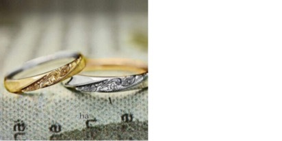 ハワイアン模様を斜めに入れたゴールドとプラチナのコンビカラーの結婚指輪オーダー作品