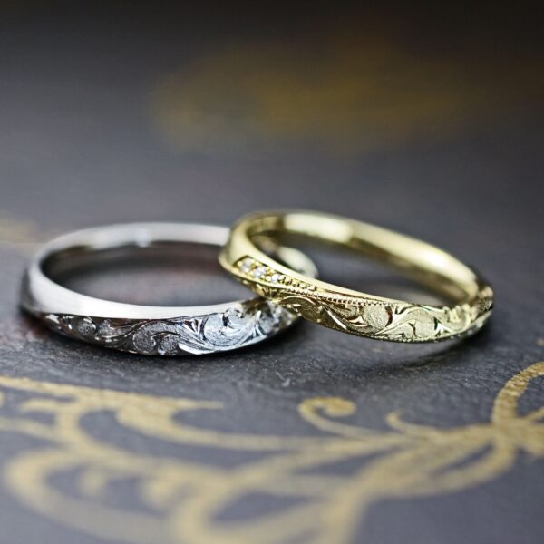 メビウスデザインにハワイアン柄を描いた結婚指輪オーダー作品 
