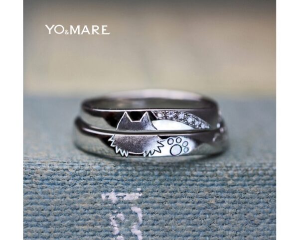 ■【ねことダイヤモンドとアジサイ】の模様を入れた結婚指輪オーダー作品 