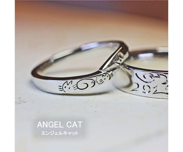 結婚指輪にネコの天使模様を入れたオーダーリング