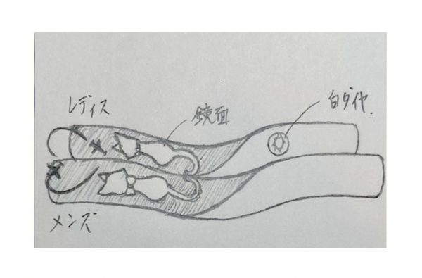 ネコの柄を入れた結婚指輪のデザインラフ画