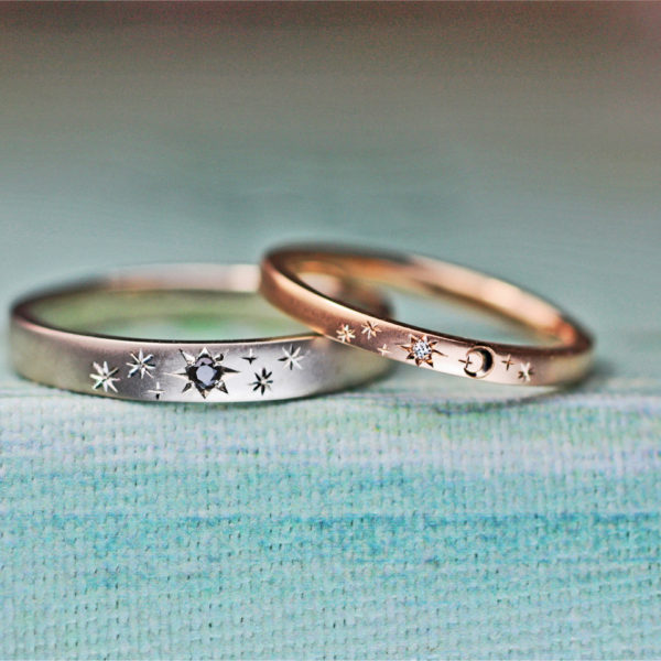 星空をピンク&グレーゴールドに表現した結婚指輪オーダーメイド作品
