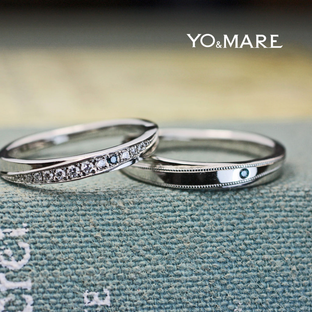 ブルーダイヤとミルグレインをアクセントにオーダーした結婚指輪
