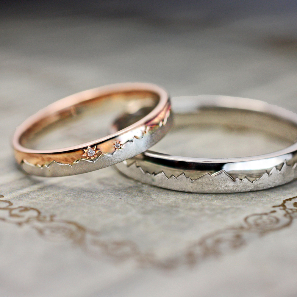 北アルプスをピンクゴールドとプラチナで結婚指輪オーダー作品に表現