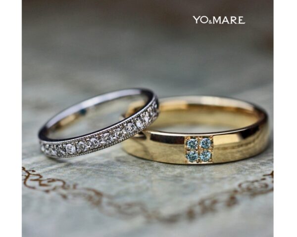■ 正方形のブルーダイヤとエタニティダイヤの結婚指輪オーダー作品 