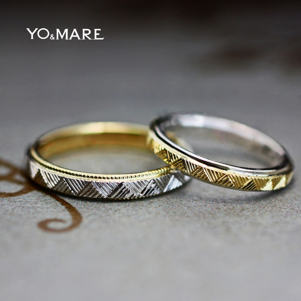 ゴールド&プラチナの結婚指輪に和柄パターンを入れたオーダー作品