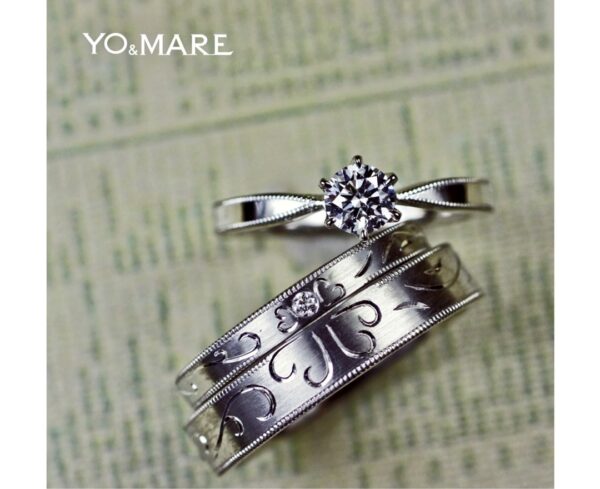 ■ ミルグレインとクローバー模様の結婚指輪・婚約指輪のオーダーメイド作品 