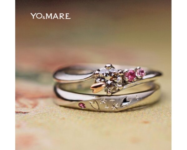 ■ ダイヤモンドにピンクゴールドのサクラが寄り添う婚約指輪オーダー 