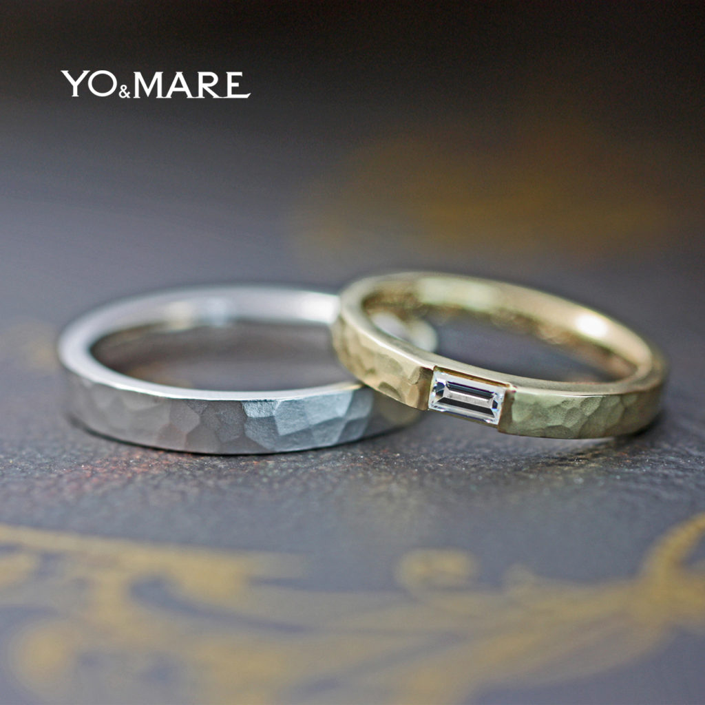 長方形のダイヤをツチメのゴールド結婚指輪に入れたオーダー作品