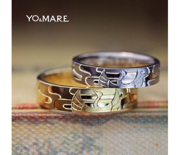 鶴と菊の模様の結婚指輪が完成です