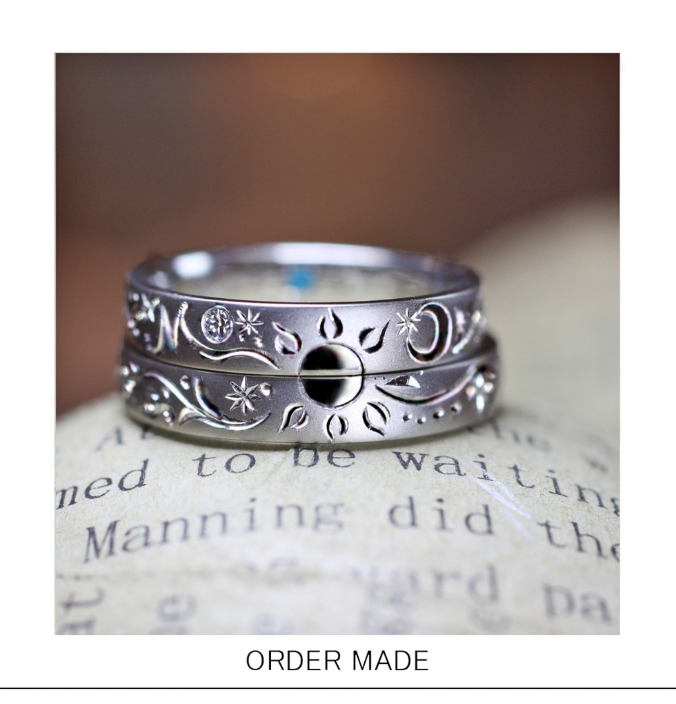 結婚指輪を2本重ねて太陽と月の柄を作ったオーダー作品