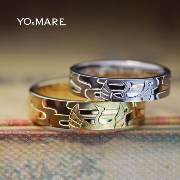 【鶴と菊の和柄模様】を手彫りで入れたゴールドとプラチナの結婚指輪オーダーメイド作品