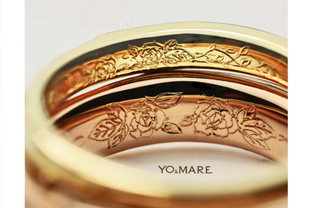 結婚指輪の内側にバラの模様を入れたオーダーメイド作品