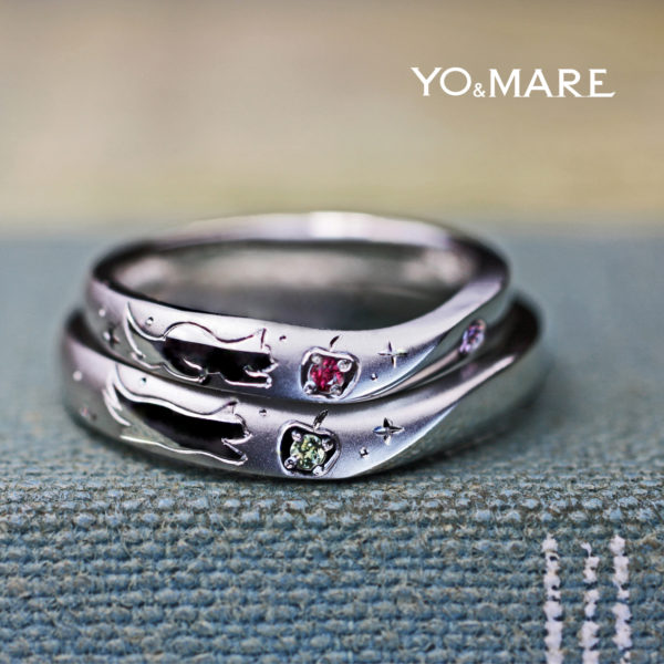 ネコとリンゴを結婚指輪に可愛くデザインした結婚指輪オーダー作品