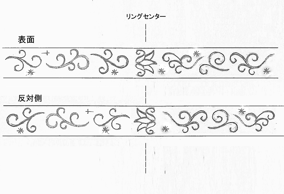 ユリの文様と唐草模様をアレンジした柄のデザイン画