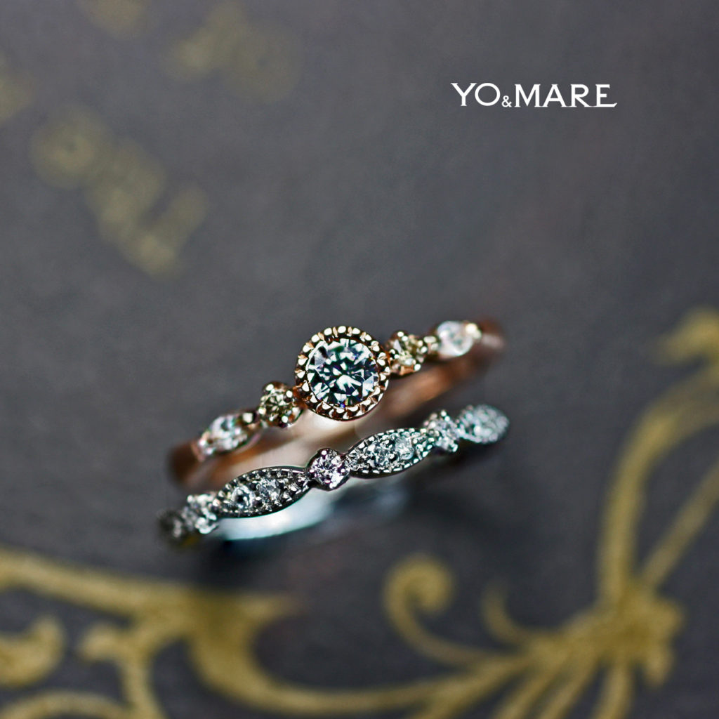 アンティークなピンクゴールドの婚約指輪とプラチナの結婚指輪をセットしたオーダー作品