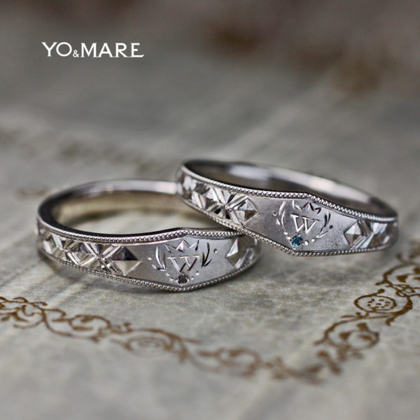 イニシャルWとデザイン模様を結婚指輪に入れたオーダーメイド作品
