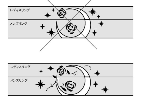 月とバラの模様が入る結婚指輪のデザイン画 2