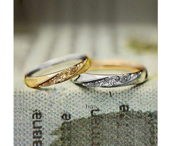 　ハワイアン柄を斜めにデザインしたゴールドとプラチナのコンビ結婚指輪オーダー作品　＞