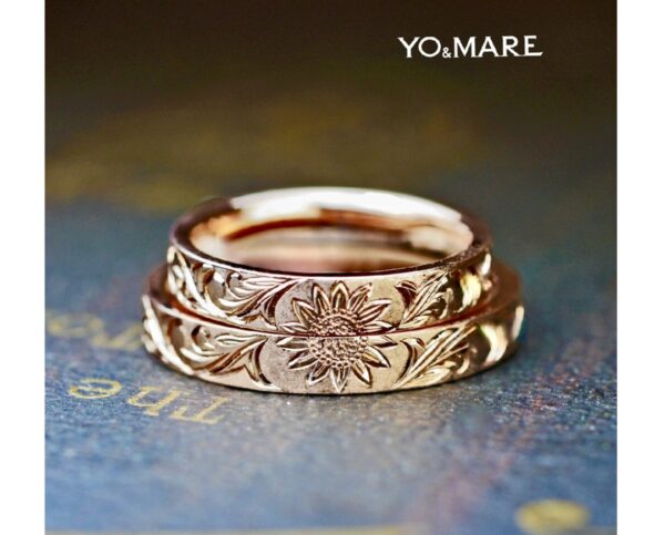 【ピンクゴールドのハワイアン】手彫りアートな結婚指輪オーダー作品 