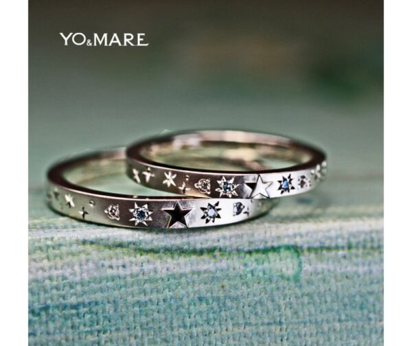 星とブルーダイヤを一周デザインした結婚指輪 オーダーメイド作品 ＞