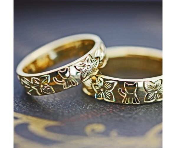 ハワイアン模様にねこをデザインした結婚指輪オーダーメイド作品 